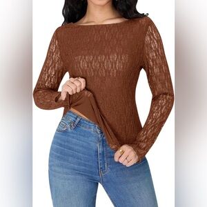 Blooming Jelly Women's Lace Long Sleeve Tops Sheer Mesh Shirt Boat Neck Blouse